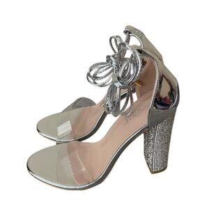 Newt LALA IKAI Womens Size 7 Silver Rhinestone High Chunky Ankle Tie Sandals